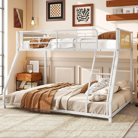 Metal Bunk Bed With Ladder And Guardrails Boho Rattan Style