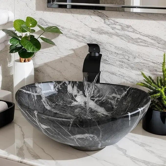 Mekhala Oval Vessel Sink With Faucet Marble Pattern Ceramic Vessel Sink