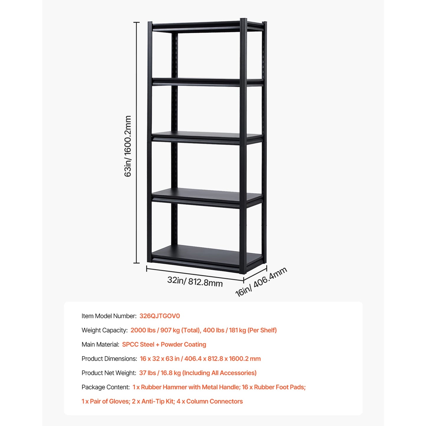 VEVOR 2000 Lbs Adjustable 5 Tier Garage Storage Shelves Metal Rack