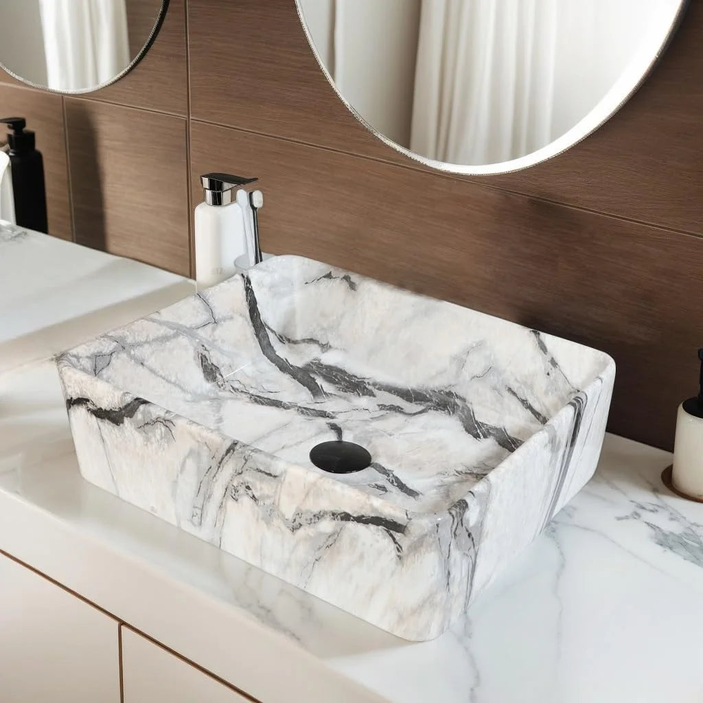 MEKKHALA Marble Pattern Ceramic Bathroom Vessel Sink Set Shape Basin