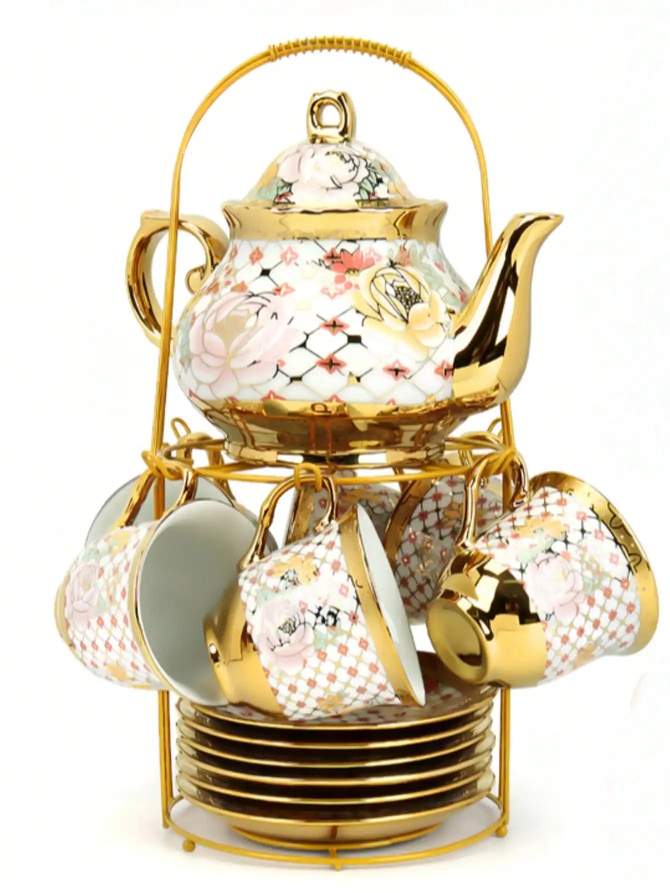 Porcelain Tea Set With Metal Holder And Gold Floral Pattern