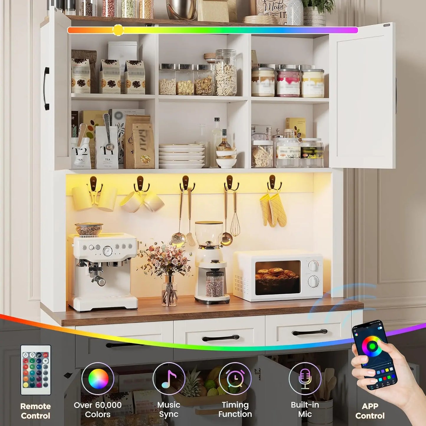 Tall Farmhouse Pantry Cabinet With LED Light And Charging Station