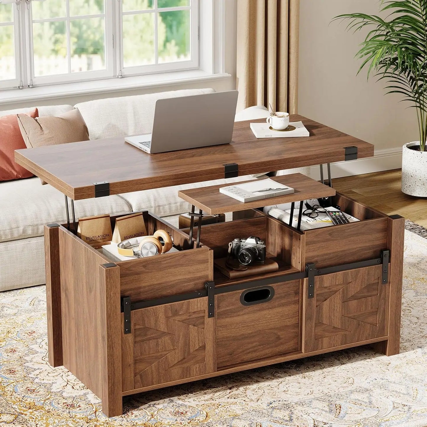 Farmhouse Lift Top Coffee Table With Sliding Barn Door
