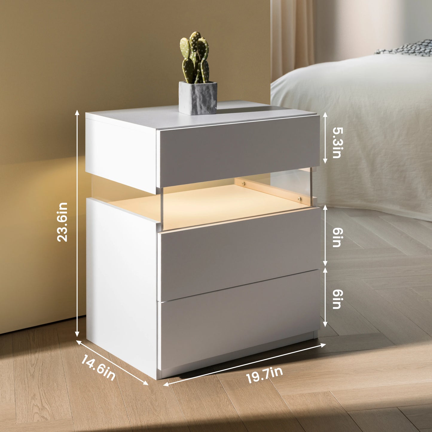 Cubehom LED Bedside Table With 3 Drawers Modern Nightstand