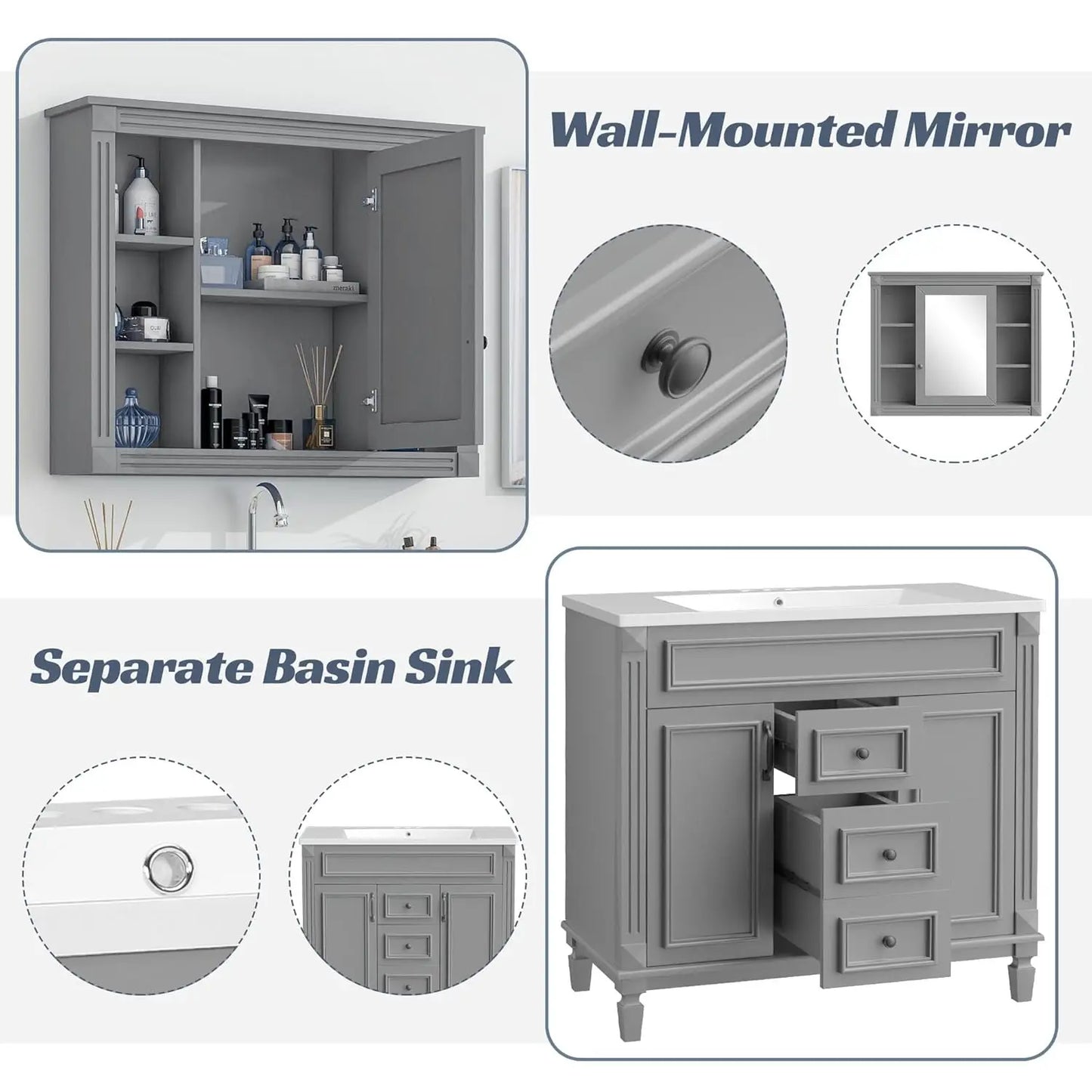 Modern Bathroom Vanity With Mirror Cabinet And Soft Closing Doors