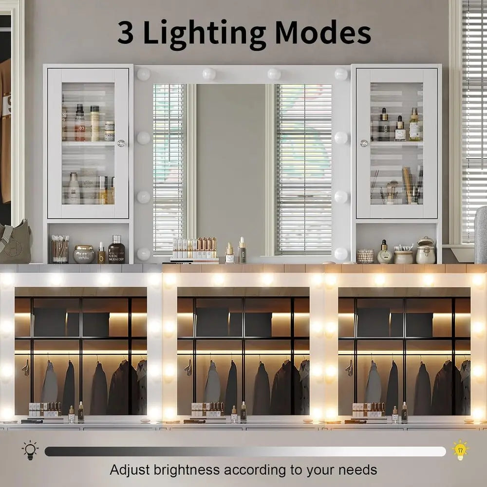 LED Illuminated Makeup Vanity Desk With Power Outlet Storage Drawers