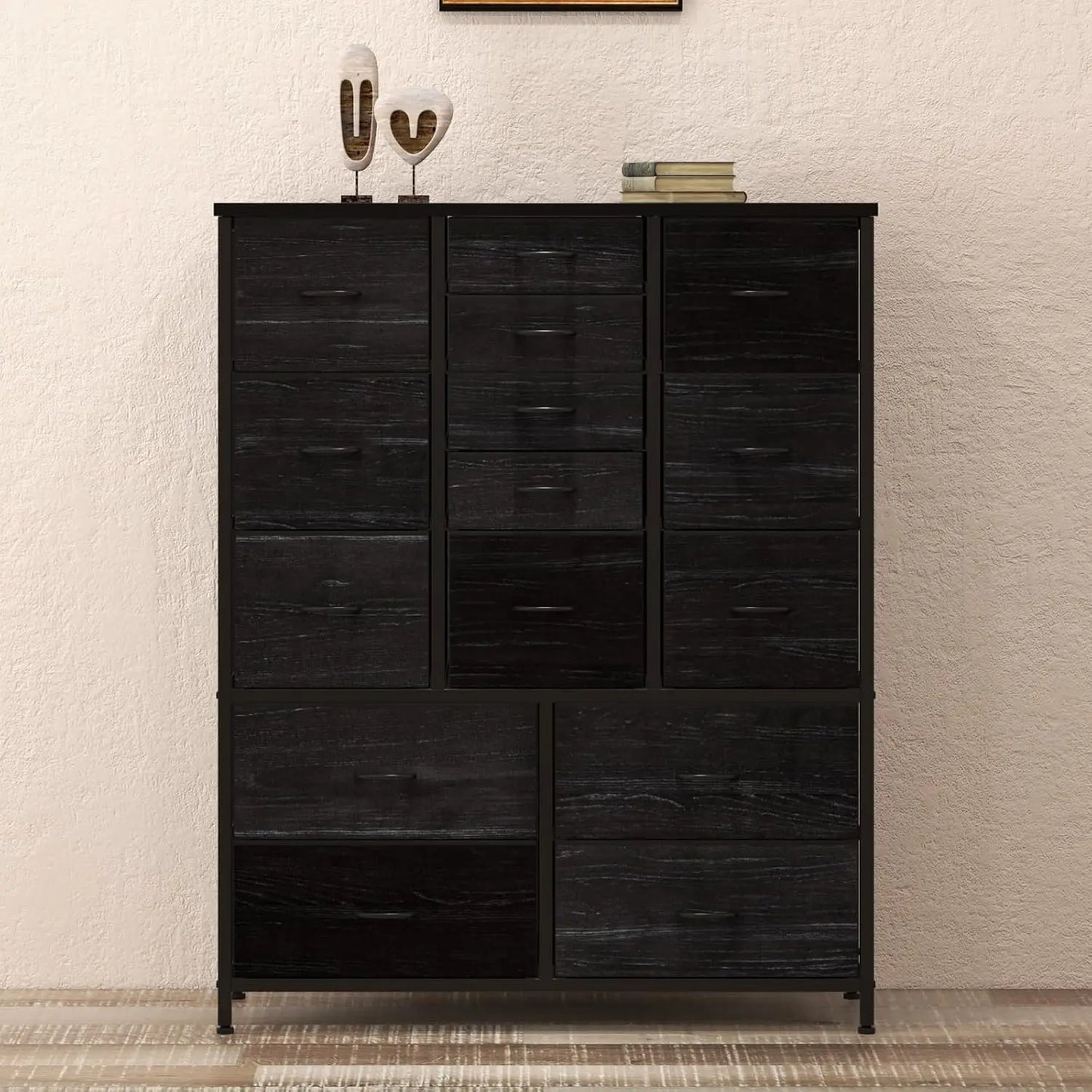 Fabric Tall Dresser With Wood Grain Top And Metal Frame