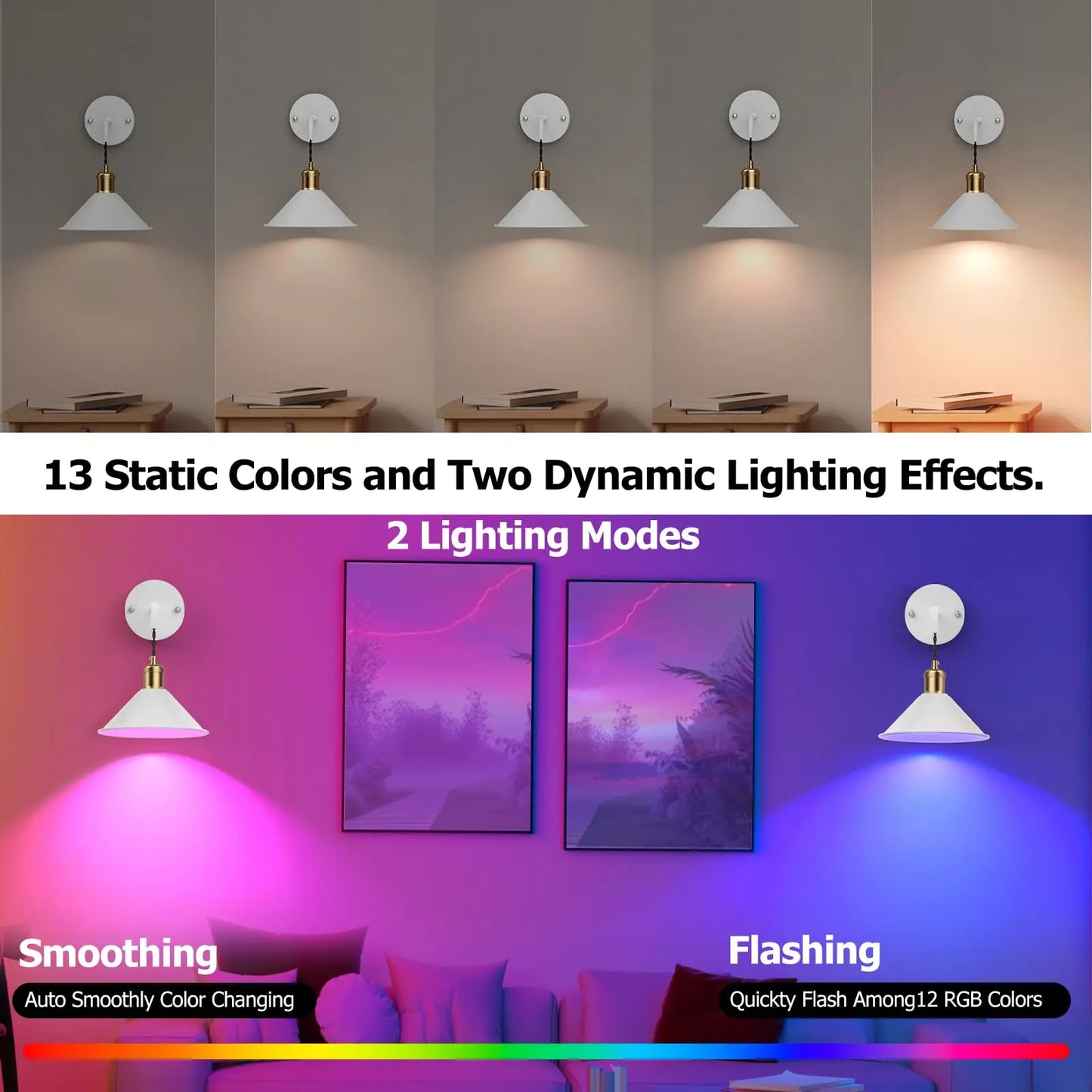 PRTILOUD 2-Pack Battery Operated Wall Sconces With Remote Dimmable RGB