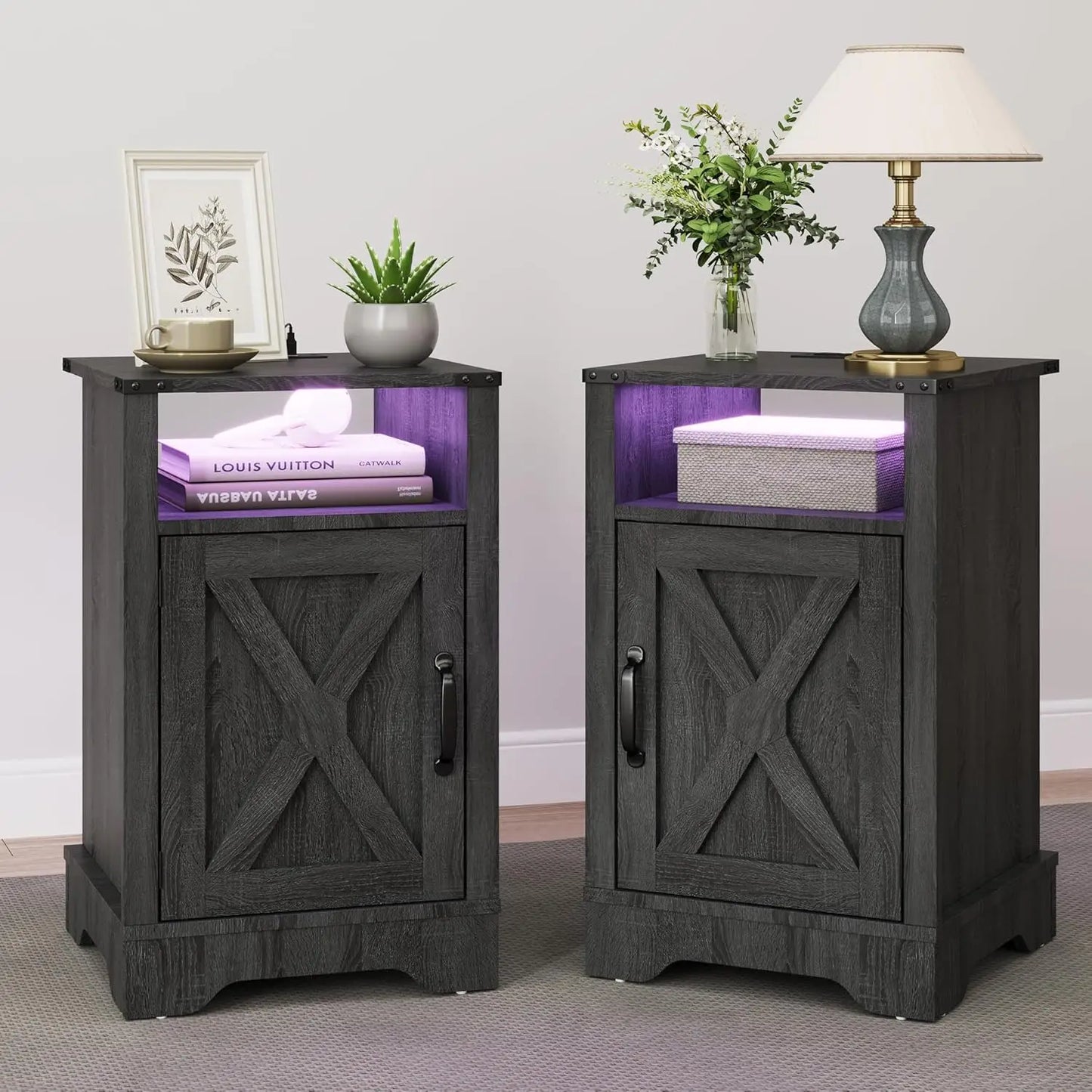 Farmhouse Nightstand Set Of 2 With Charging Station And Storage