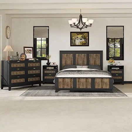 MKDK 4 Piece Bedroom Set Platform Bed Nightstands Dresser