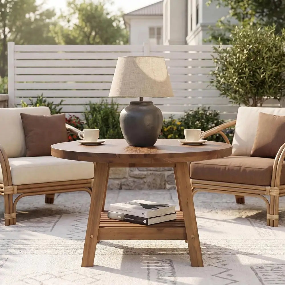 Solid Wood Round Coffee Table With Storage 2-Tier Living Room