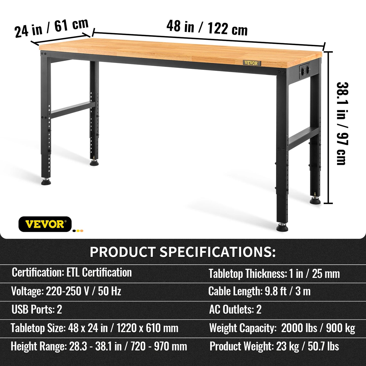 SucceBuy Heavy Duty Workbench With Oak Hardwood Top And 900kg Load