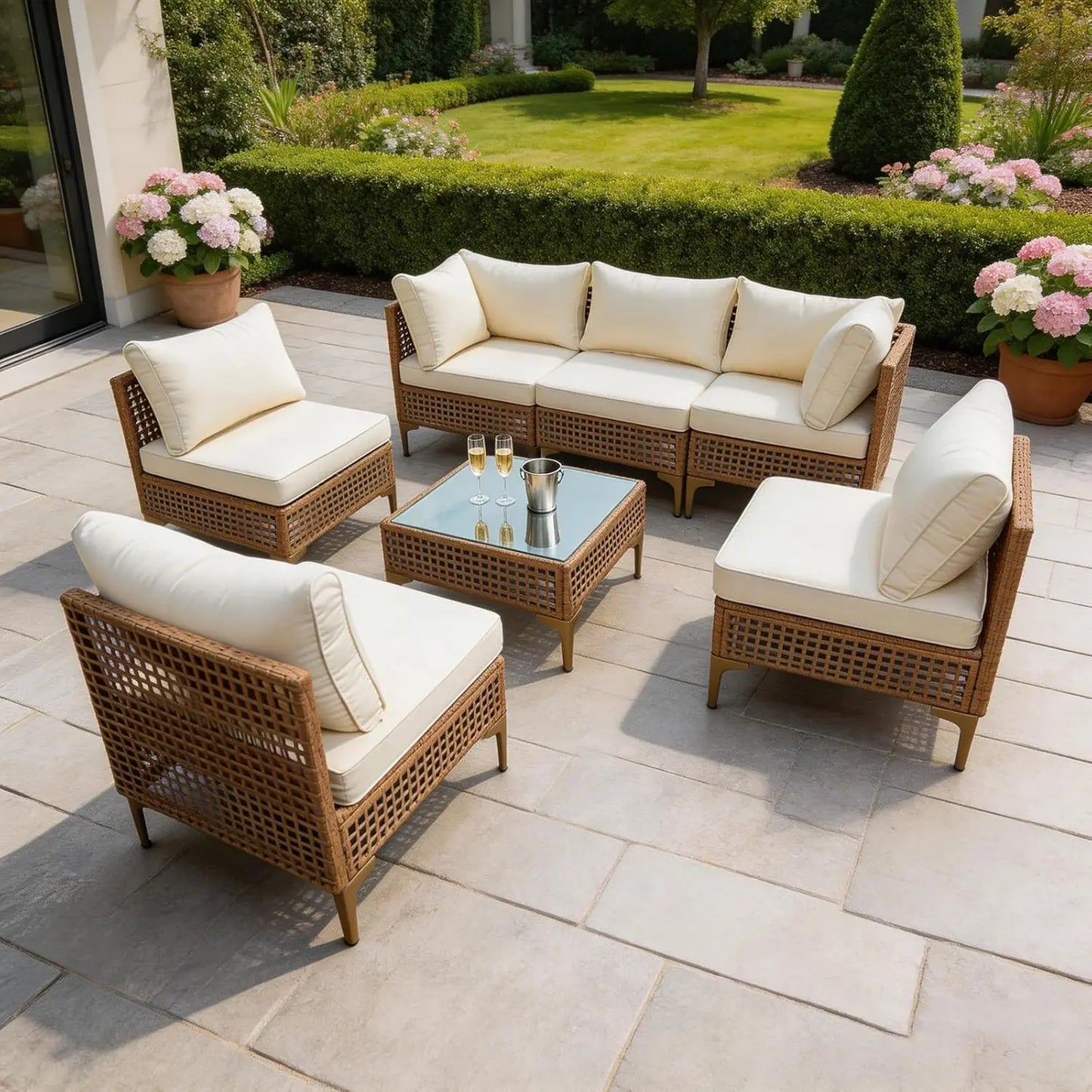 Patio Wicker Sectional Sofa Coffee Table Set With Thick Cushions