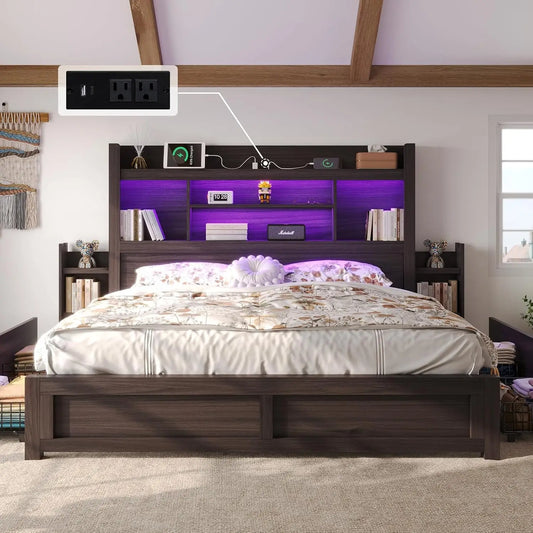 Bed Frame With Bookcase Headboard And Farmhouse Wood Storage Drawers