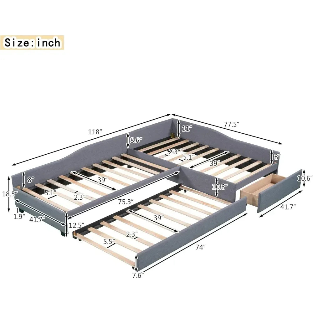 Daybed With Upholstered Seat Trundle And Storage Drawer For Teens