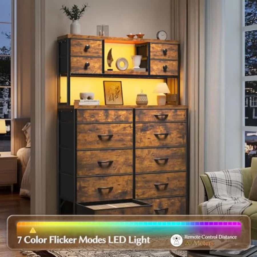 Rustic Bamboo Bedroom Dresser With LED Lights And Charging Station