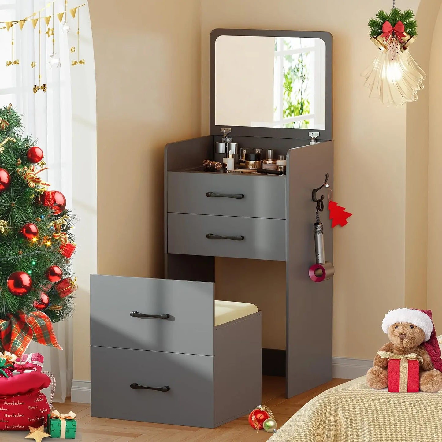 3-in-1 Vanity Desk With Flip Mirror Glass Desktop Premium