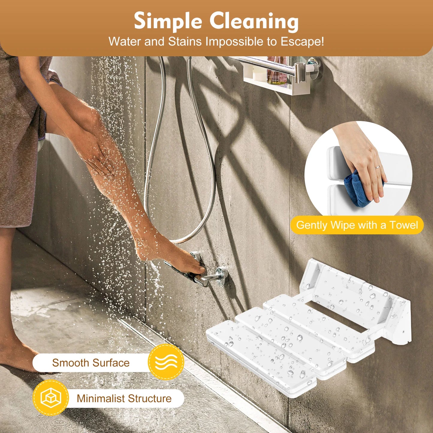 90 Degree Folding Shower Seat Wall Mounted Waterproof Bench Aluminum Alloy
