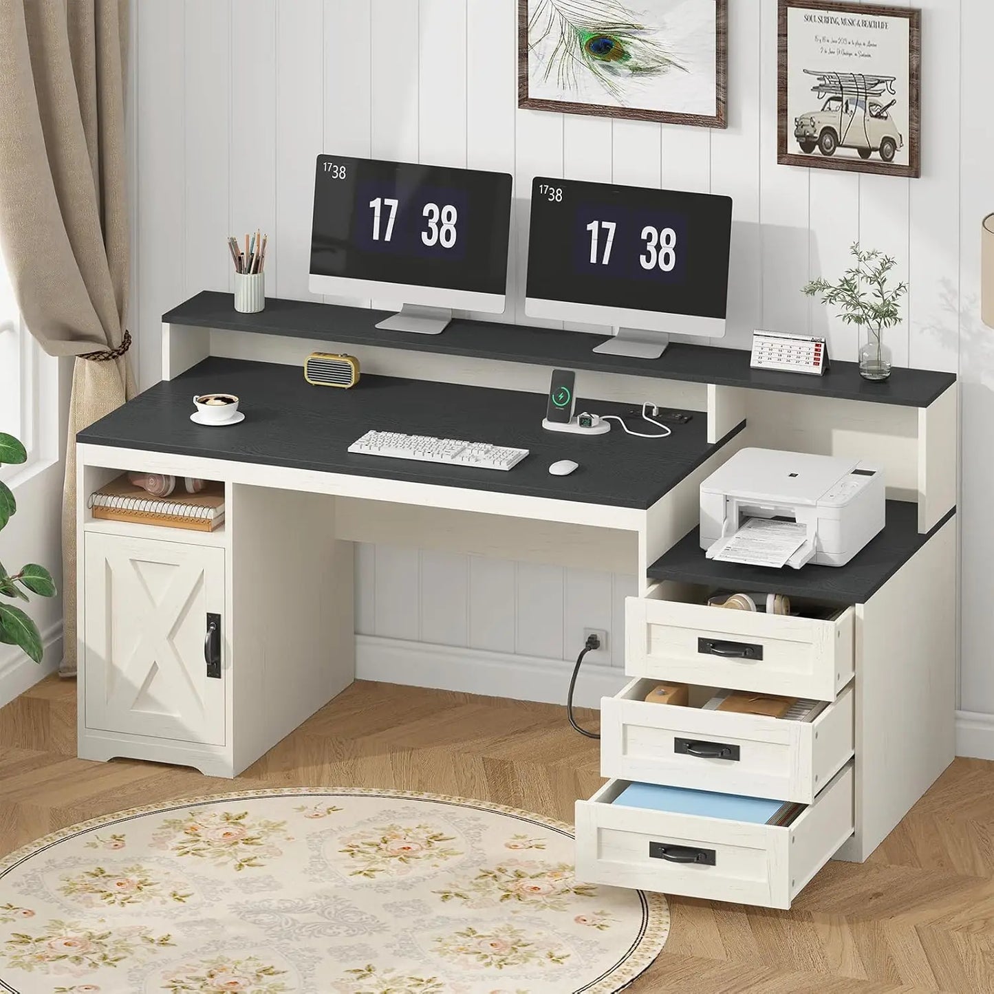 MOYU Farmhouse Computer Desk With Drawers And Power Outlets