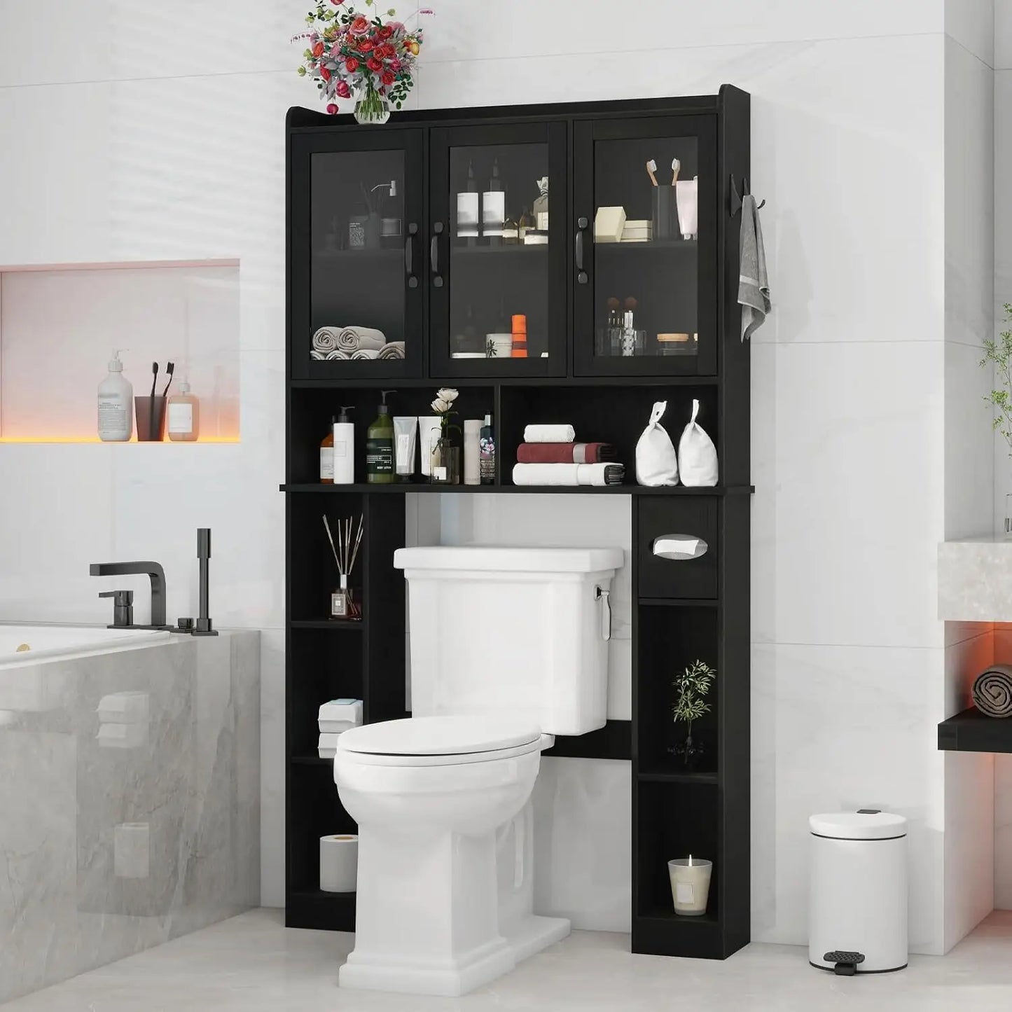 Space Saving Over Toilet Storage Rack With Adjustable Glass Doors