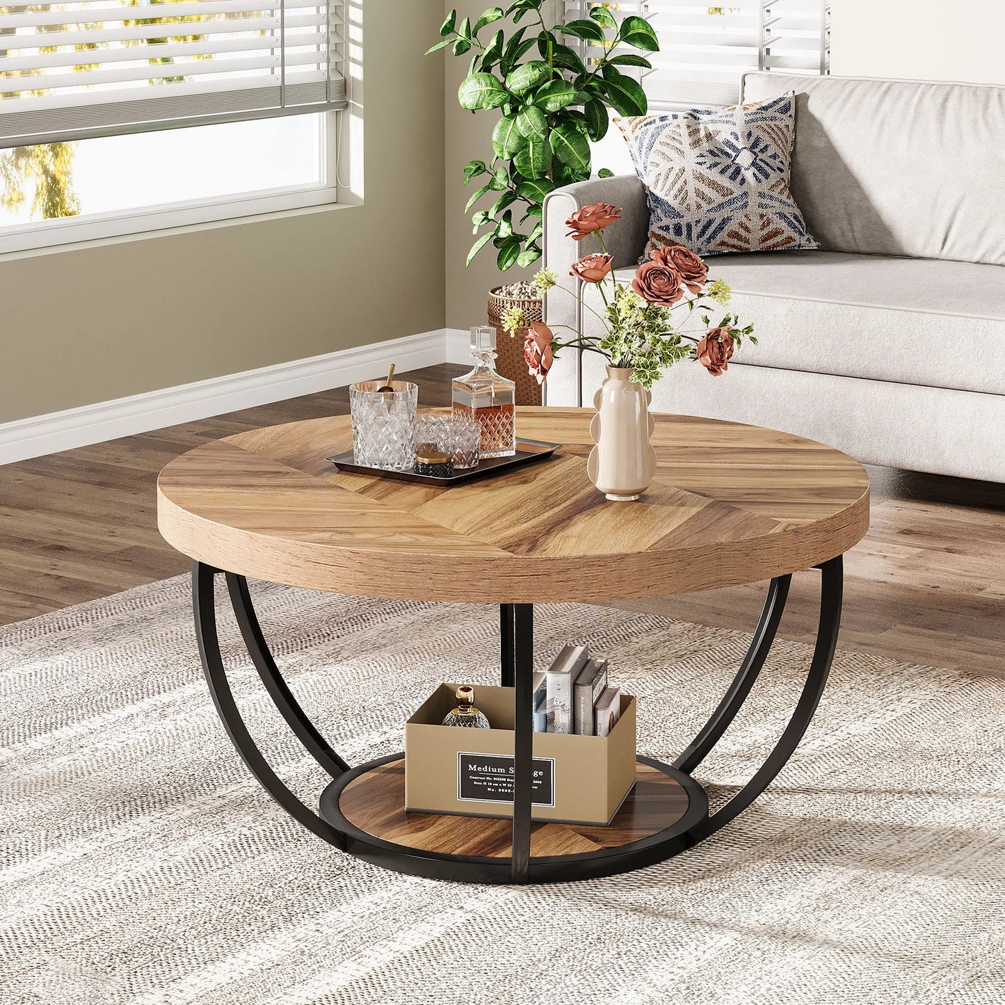 Tribesigns Round Coffee Table Industrial 2 Tier With Storage Shelves