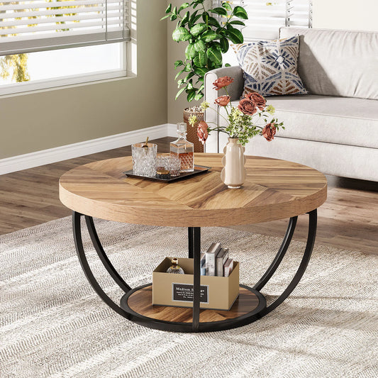 Tribesigns Round Coffee Table Industrial 2 Tier With Storage Shelves