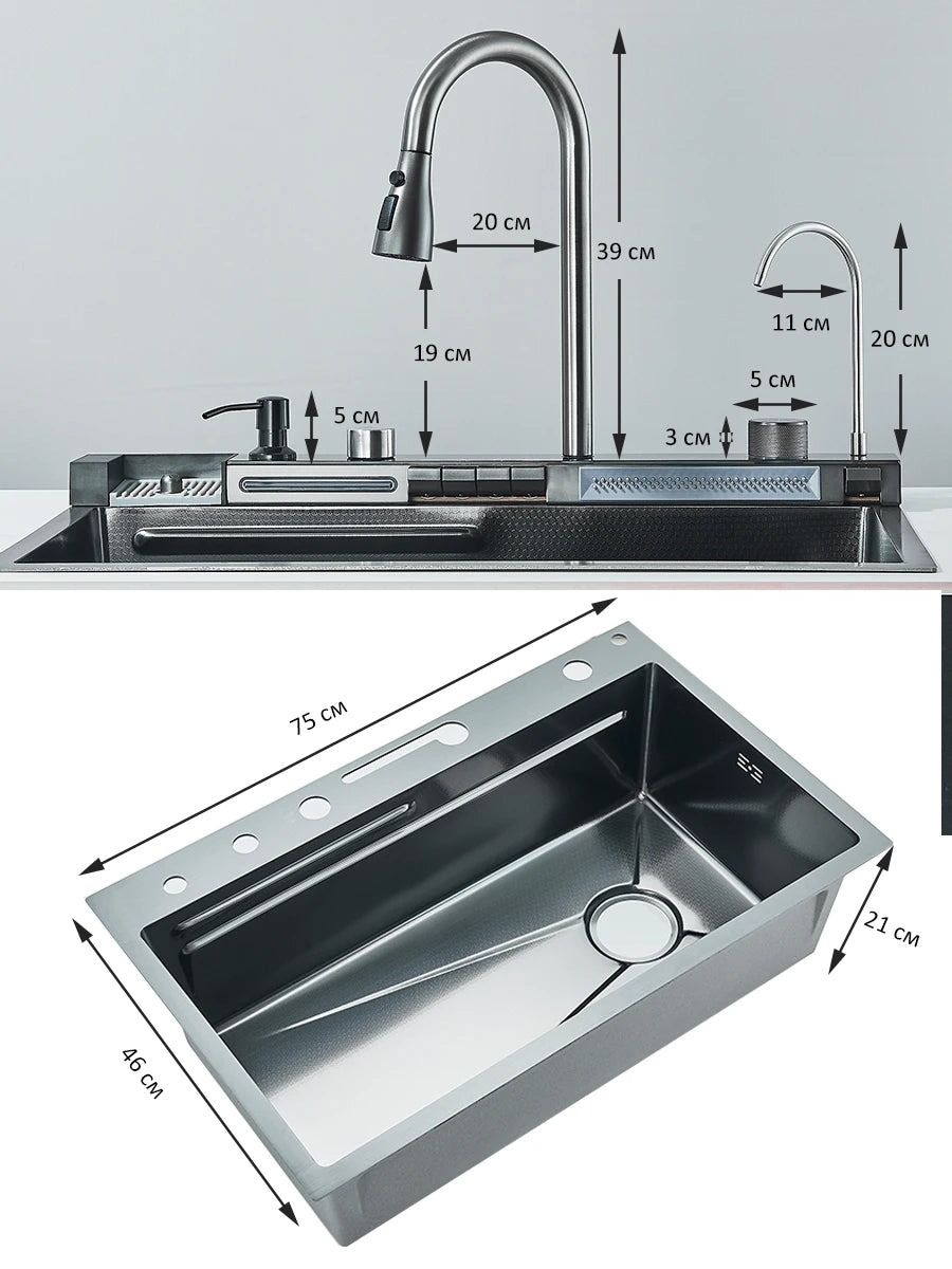 Quyanre Stainless Steel Kitchen Sink With Faucet Waterfall Digital Display