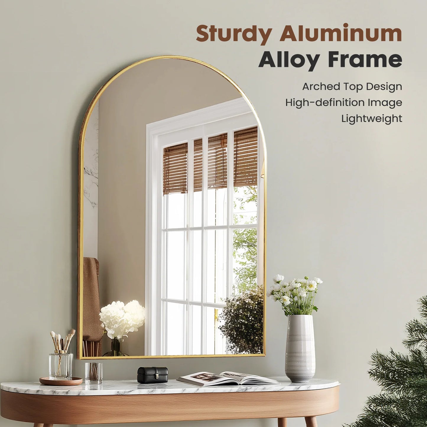 JHK Arched Metal Framed Wall Mirror For Bathroom Decor