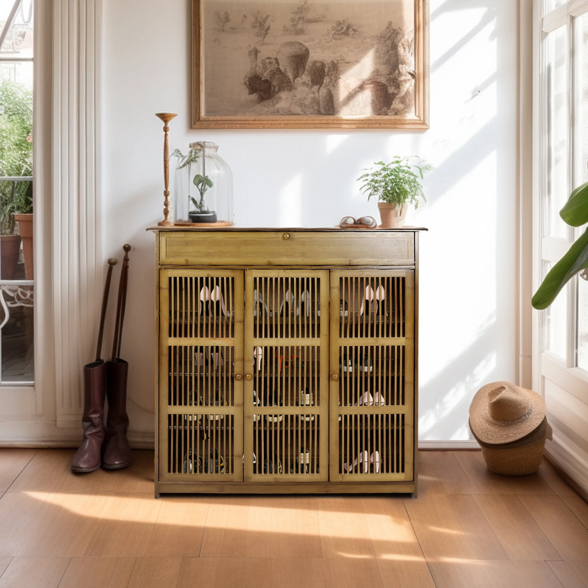 Freestanding Bamboo Shoe Cabinet With Three Doors For Entryway Storage
