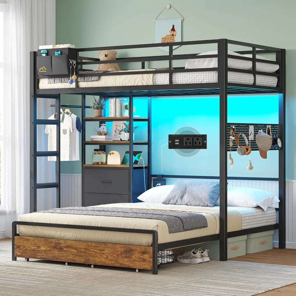 Metal Bunk Bed With Storage Drawers Bookshelf LED Lights Charging Dock