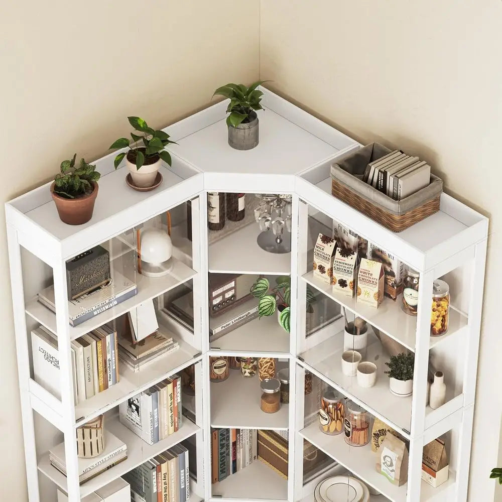 Large L Shaped Glass Door Cabinet With 12 Shelves Modern