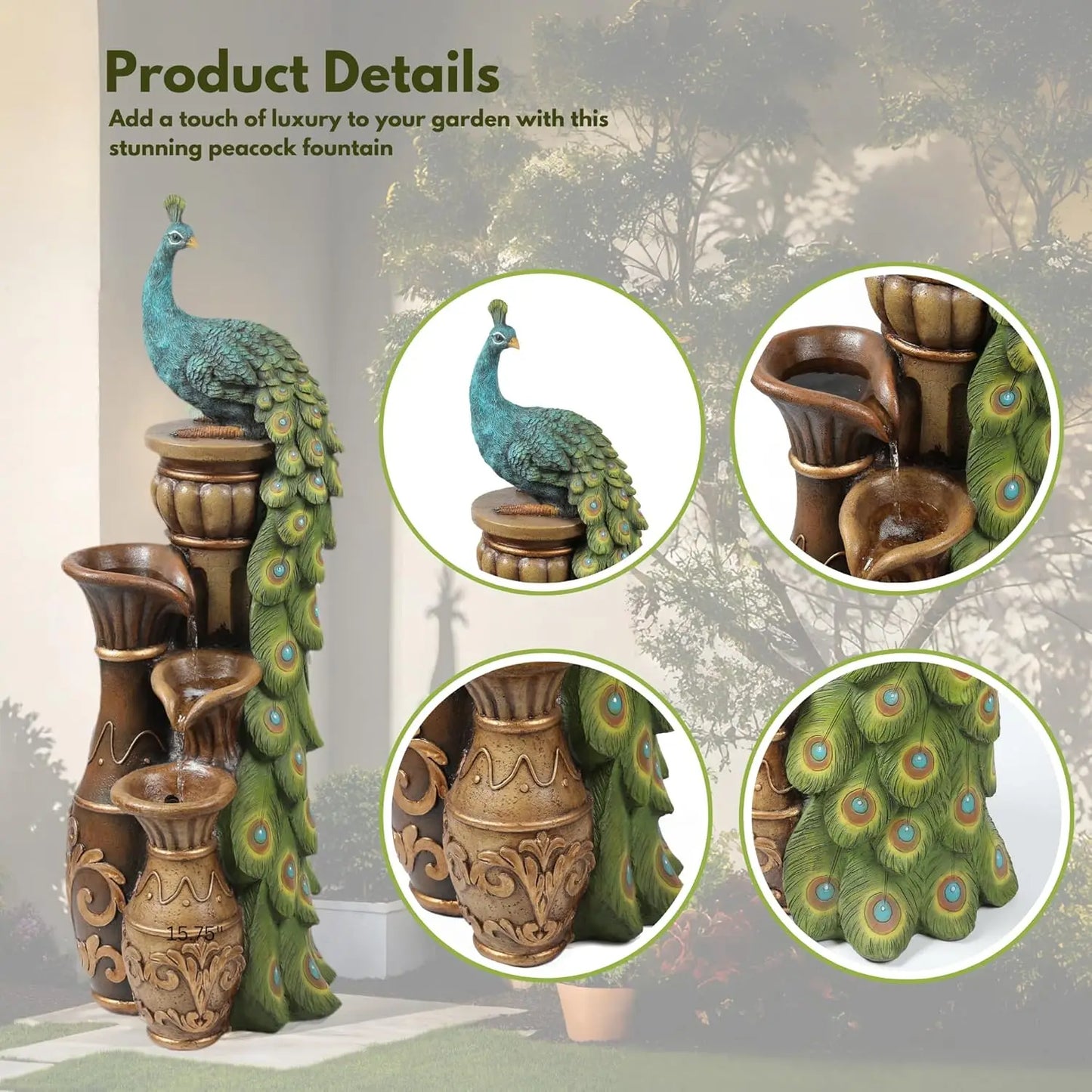 Resin Peacock Water Fountain With LED Urns For Garden