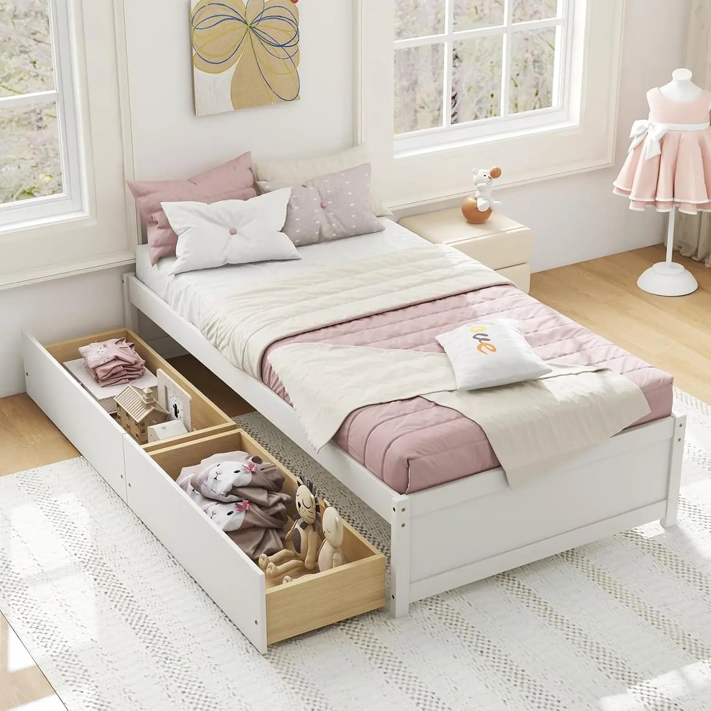 Folded Platform Bed Frame With 2 Storage Drawers, Solid Wood Slats