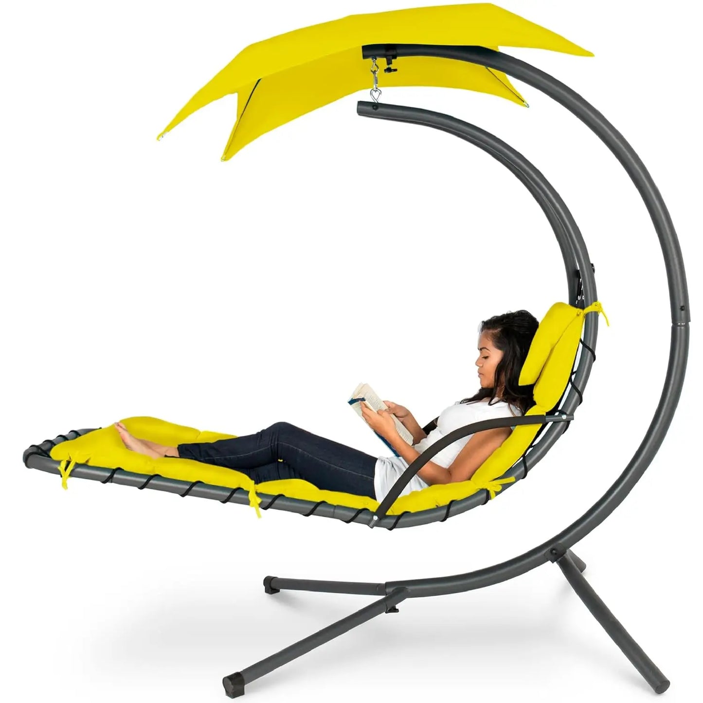 Outdoor Hanging Steel Chaise Lounge Chair With Swing Canopy Pillow