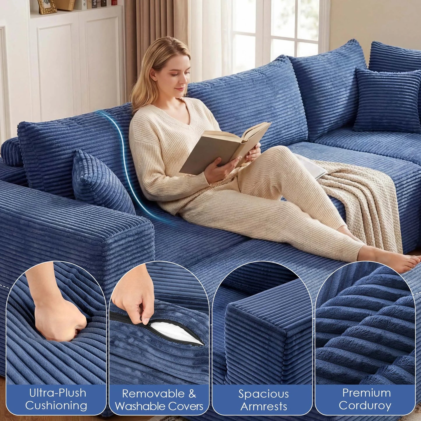 Redlife Modular Sectional Sofa With Ottoman Corduroy Upholstery