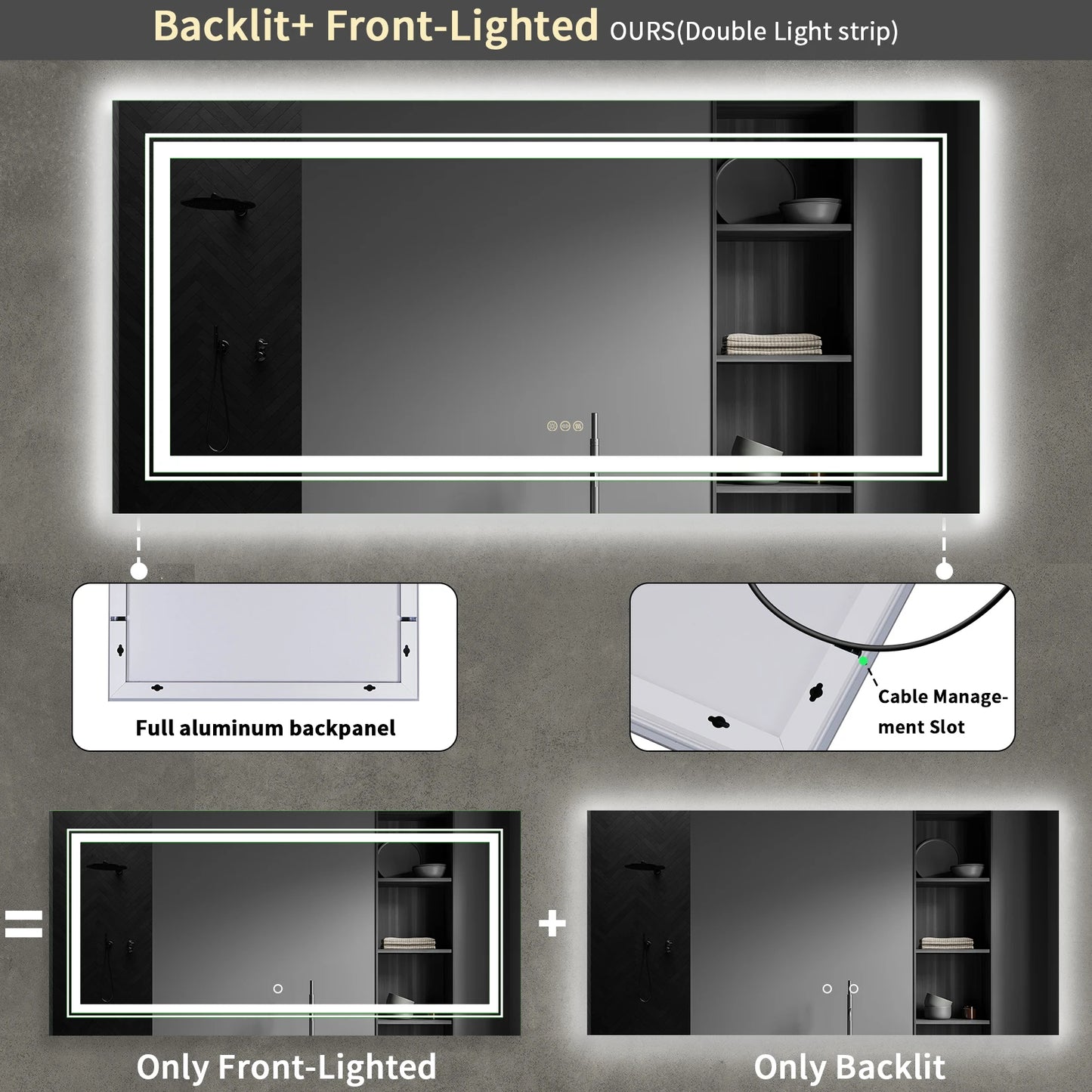 Wisfor LED Bathroom Mirror Front Backlit Stepless Dimmable Anti Fog