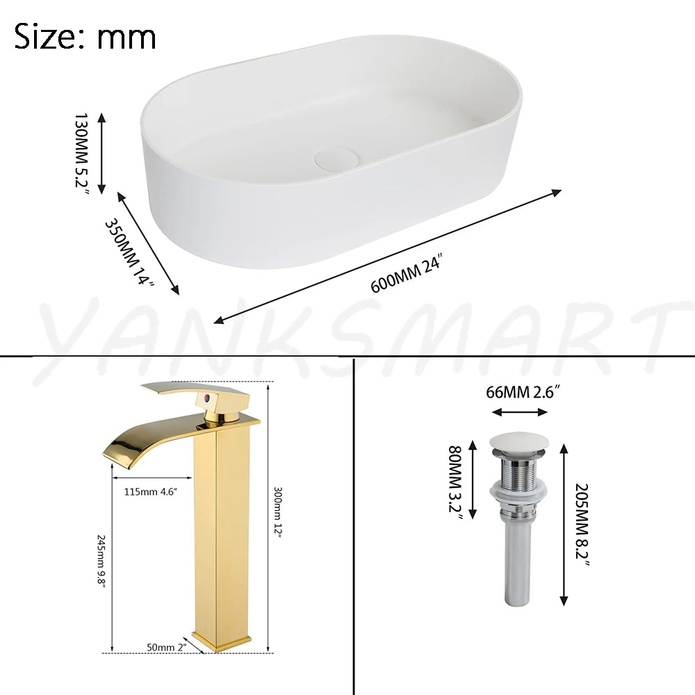 YANKSMART Artificial Stone Bathroom Vessel Sink with Waterfall Faucet