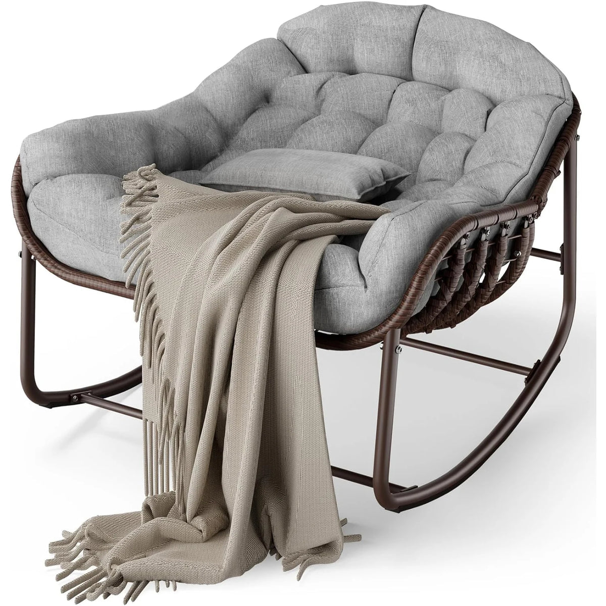 Oversized Outdoor Papasan Egg Rocking Chair Heavy-Duty Frame 300 Lb | Wicker Lounge Patio Rocker with UV-Resistant Cushion Indoor/Outdoor for Porch & Garden