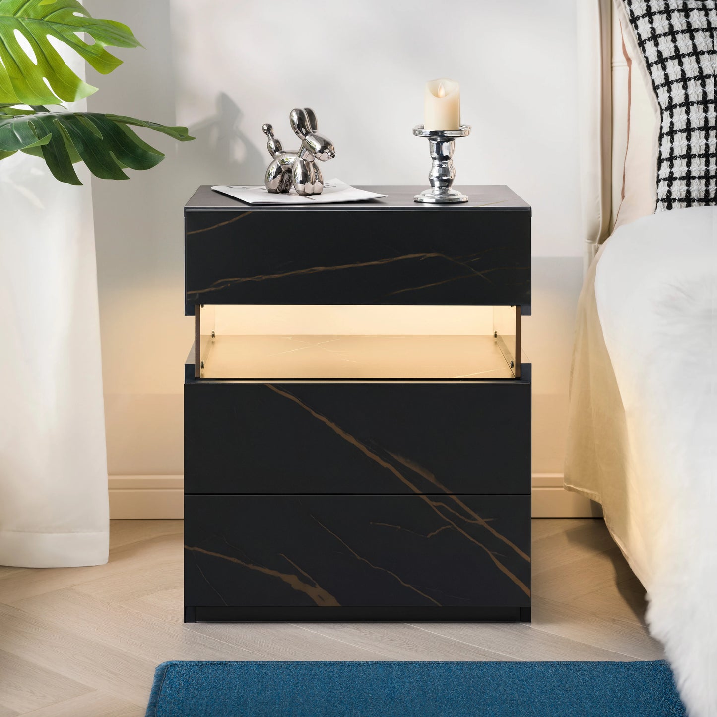 Cubehom LED Bedside Table With 3 Drawers Modern Nightstand