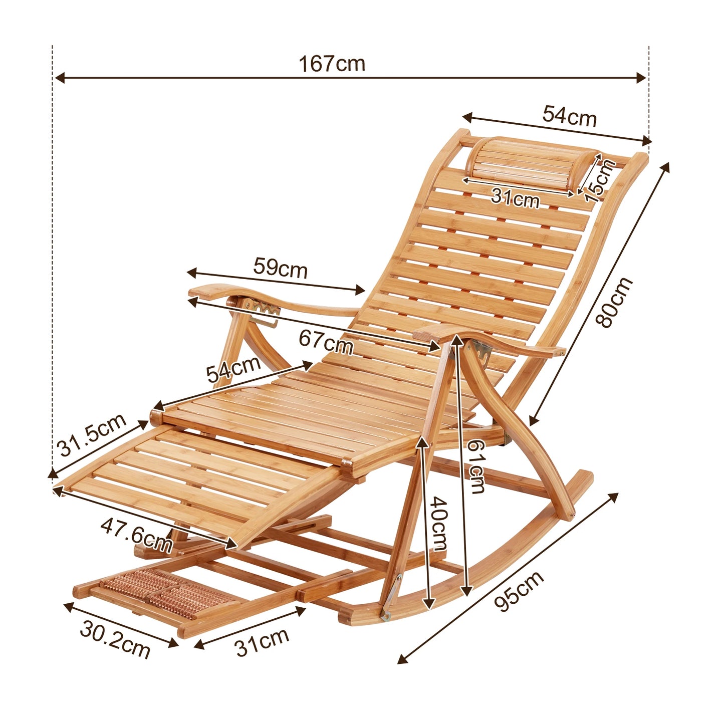 Heavy Duty Folding Rocking Chairs Bamboo Adjustable Indoor Outdoor Use