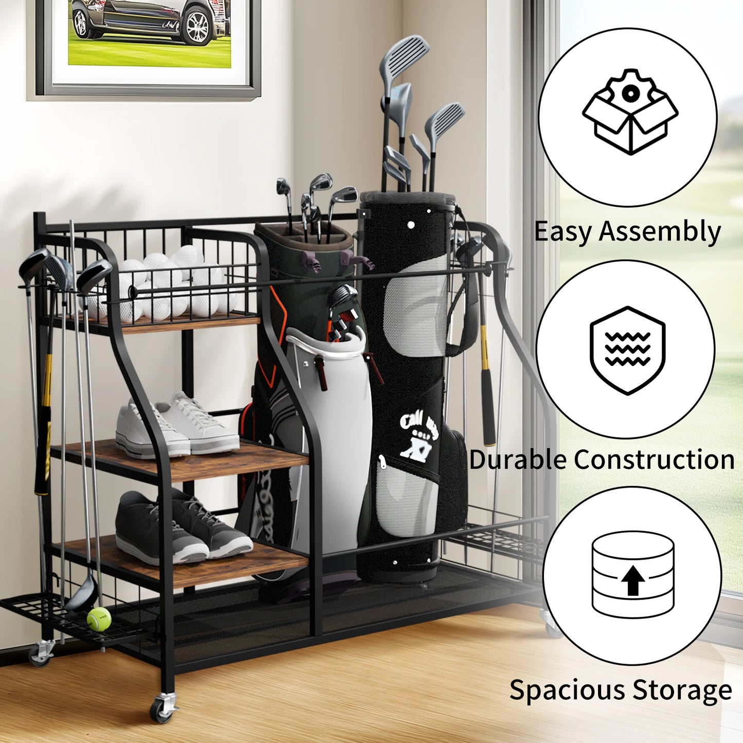 Rolling Golf Bag Storage Rack With Wheels Metal Organizer