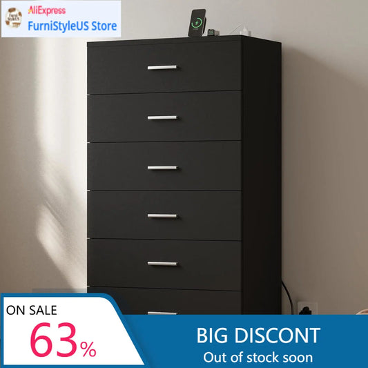 Wood Dresser With Power Outlets And Six Large Drawers