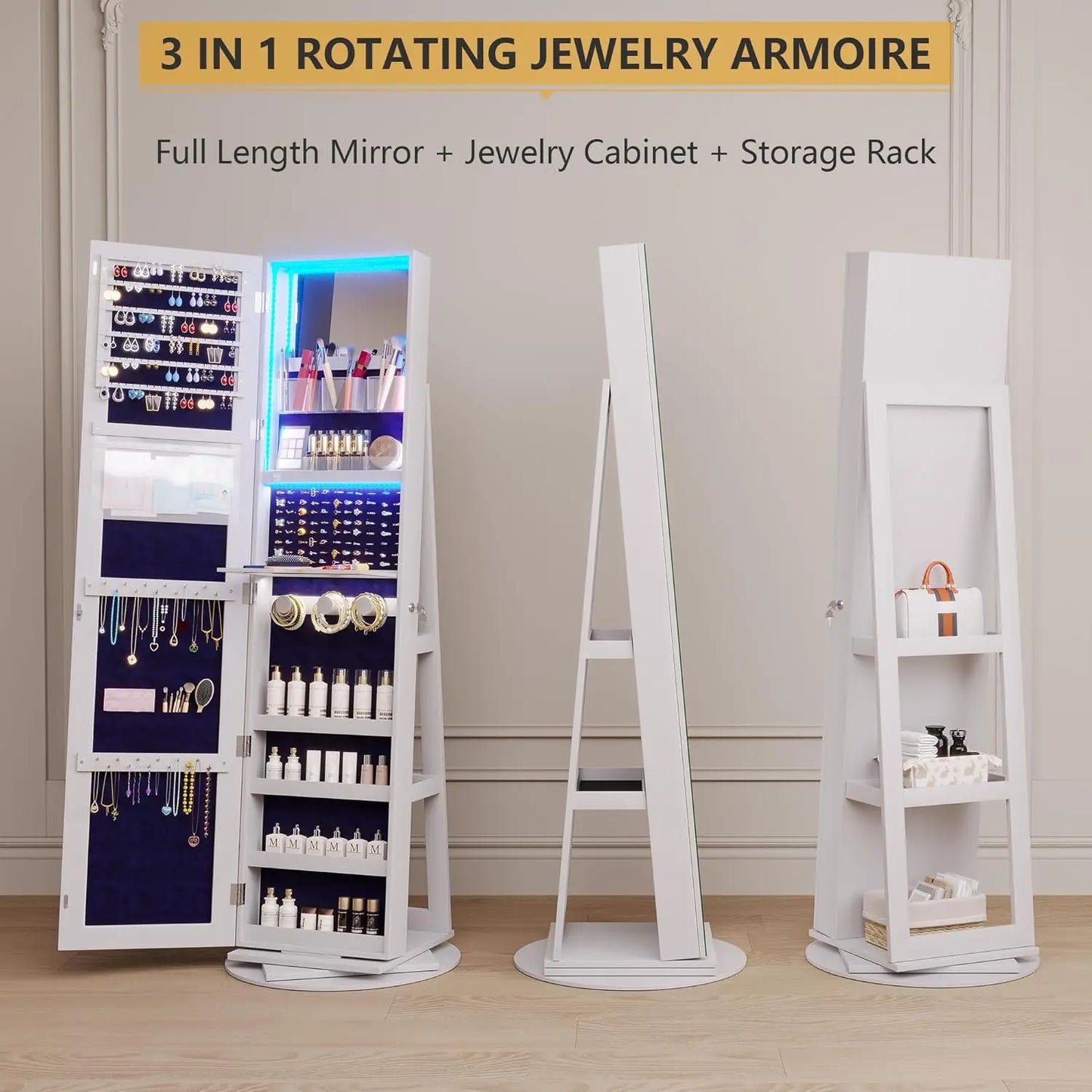 LED Jewelry Armoire With Lockable Mirror 360 Degree Rotation