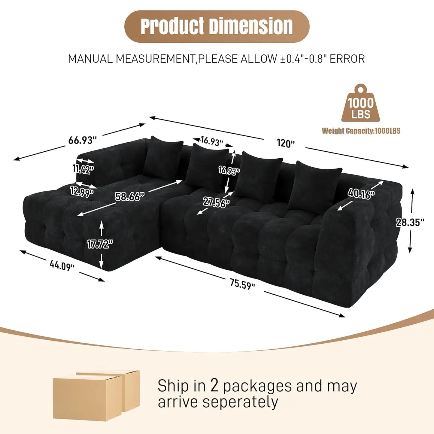 L Shaped Chenille Sectional Sofa With Chaise Lounge