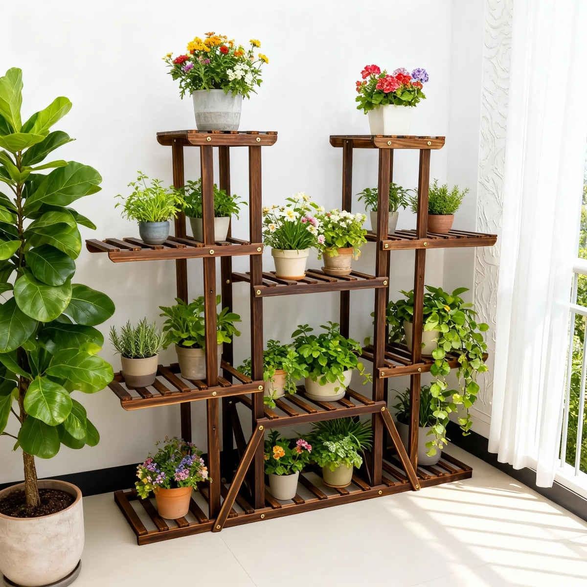 Eleven Tiered Wooden Plant Stand For Indoor And Outdoor Garden