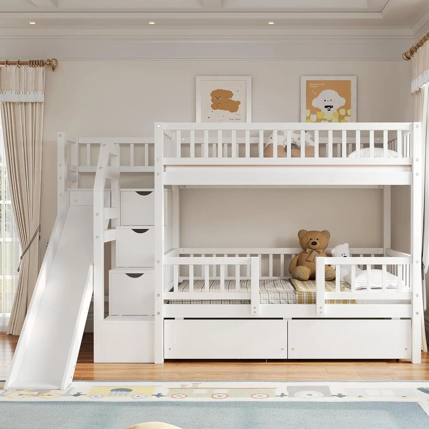 Twin Over Twin Bunk Bed With Slide Storage Drawers Staircase