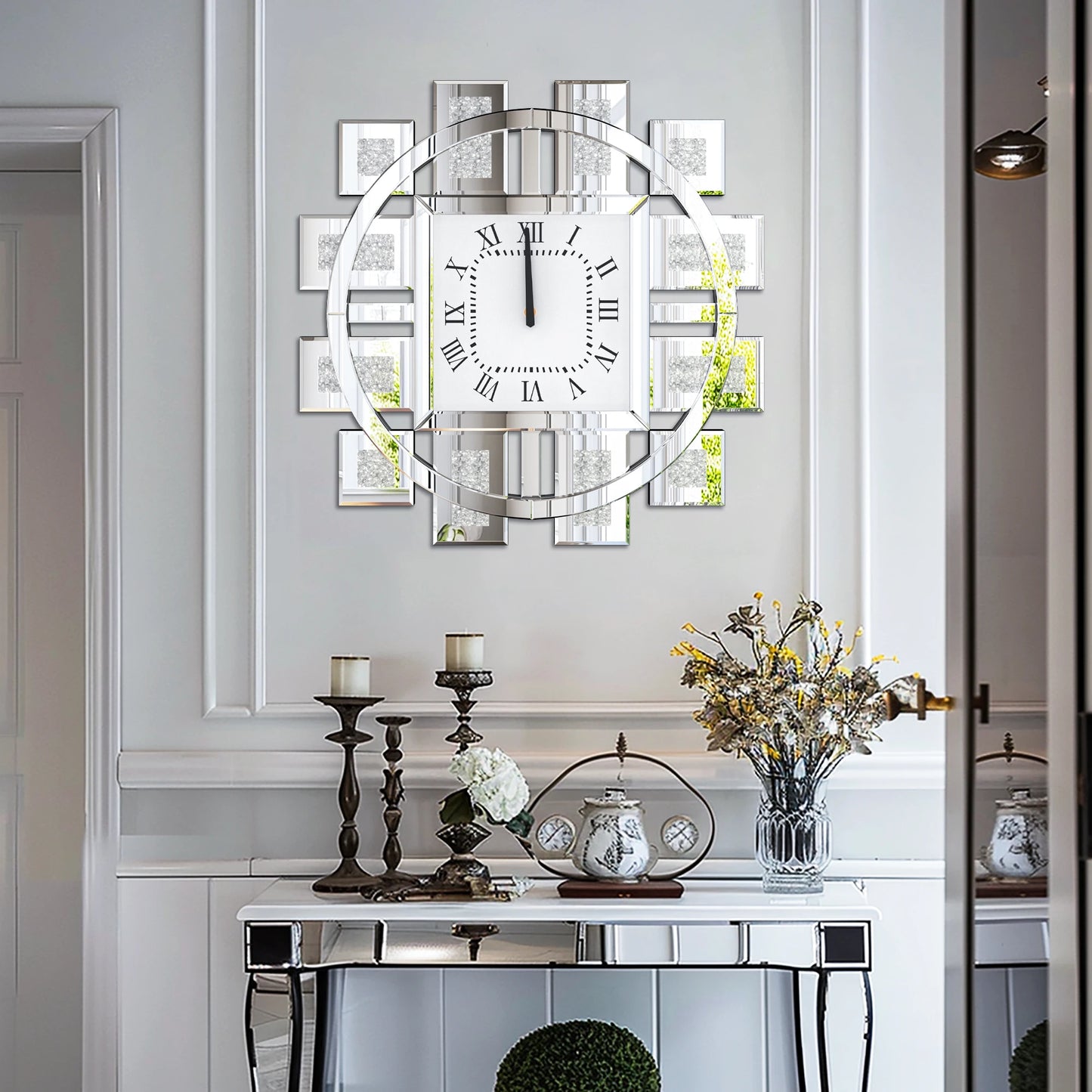 Irregular Diamond Mirrored Wall Clock Quartz With Roman Numerals