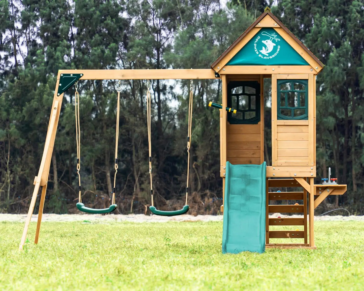 Cedar Wood Outdoor Kids Swing Set With Wave Slide Backyard