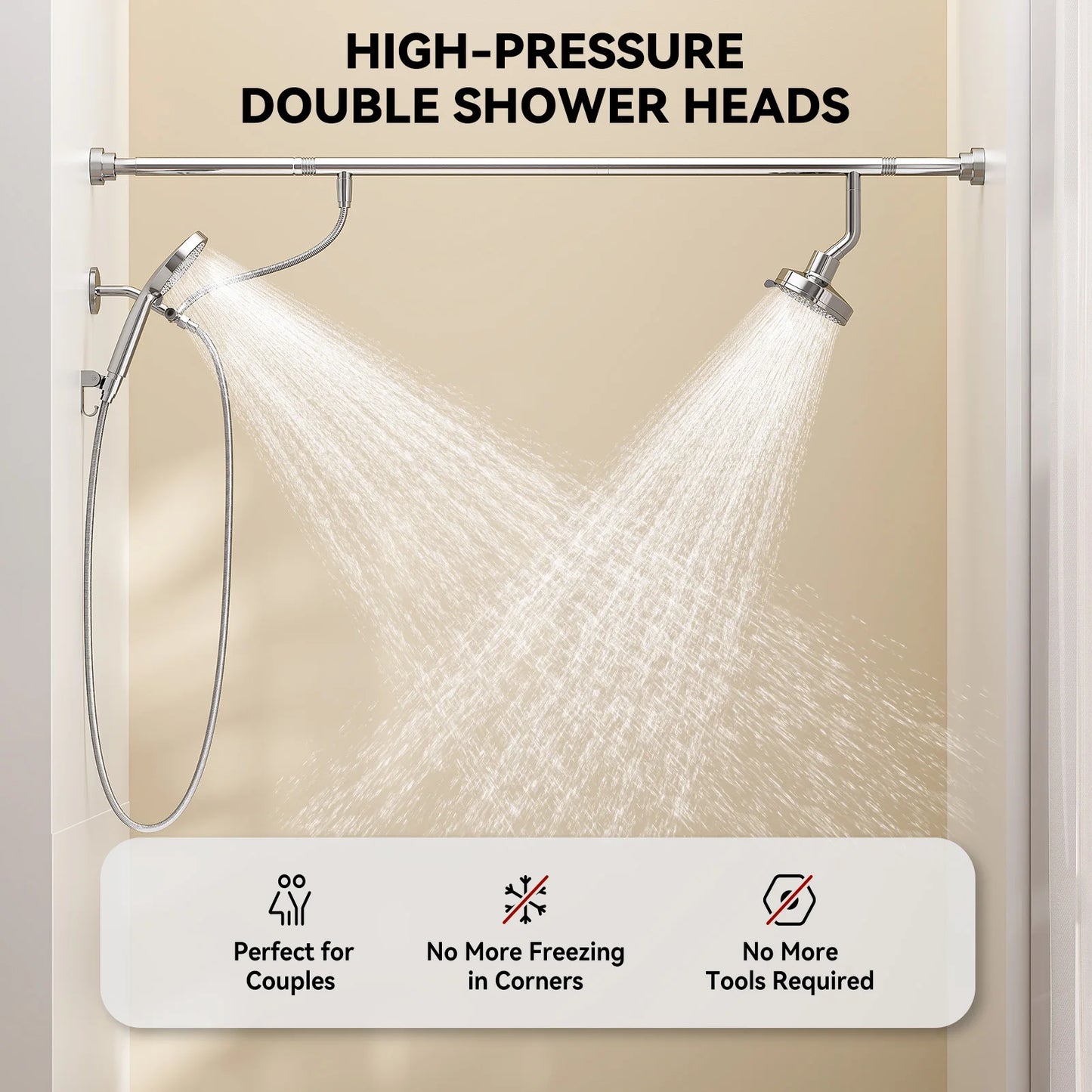 Tandem Double Shower Head for Couples With Handheld Stainless Steel