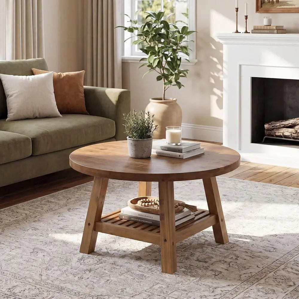 Solid Wood Round Coffee Table With Storage 2-Tier Living Room